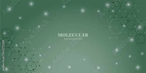 Abstract hexagonal molecular structures in technology background and scientific style. Connected lines and dots, molecules, DNA on a green background. Medical design. Vector illustration.