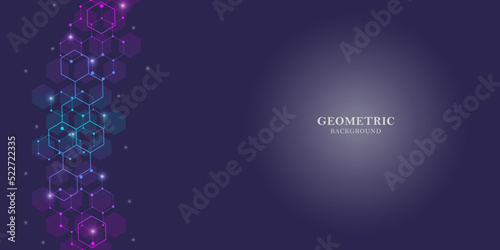 Abstract hexagonal molecular structures in technology background and scientific style. Connected lines and dots, molecules, DNA on a blue background. Medical design. Vector illustration.