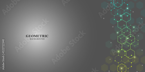 Abstract hexagonal molecular structures in technology background and scientific style. Connected lines and dots, molecules, DNA on a gray background. Medical design. Vector illustration.