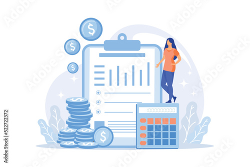 Balance sheet cartoon web icon. Accounting process, finance analyst, calculating tools. Financial consulting idea. Bookkeeping service. flat design modern illustration