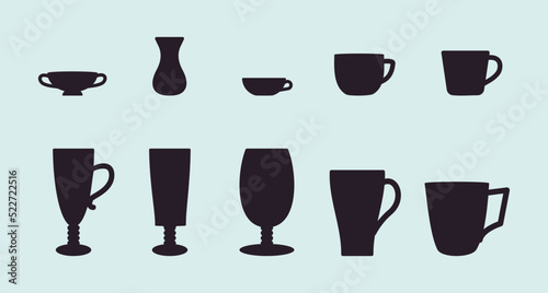 Glasses of hot or cold drink Tea and coffee black icon set Vector illustration Isolated