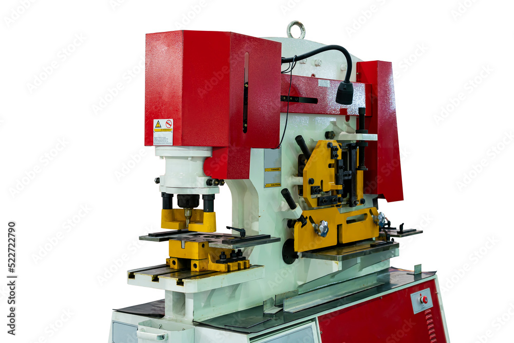 Compact hydraulic punch shear bender and notching machine for cutting various shape metal e.g. round bar angle bending square flat plate u channel etc. isolated with clipping path