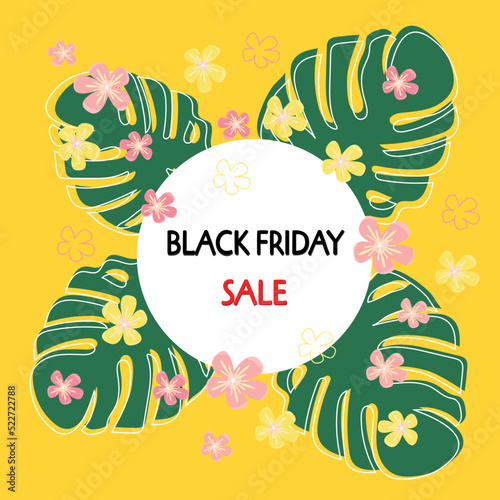 Black Friday. A banner with tropical flowers and leaves. The concept of a sale. Vector illustration in a flat style