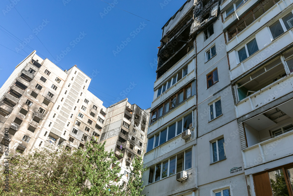 Destroyed building in North Saltivka, Kharkiv, Ukraine.