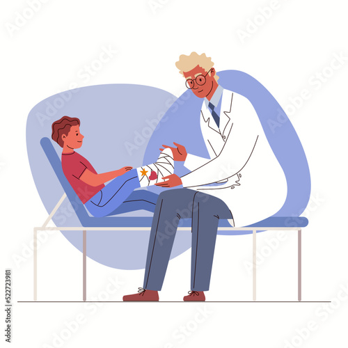 Doctor helps small patient with leg injury. Surgeon applied plaster cast. Broken limb. Vector illustration in flat cartoon style.