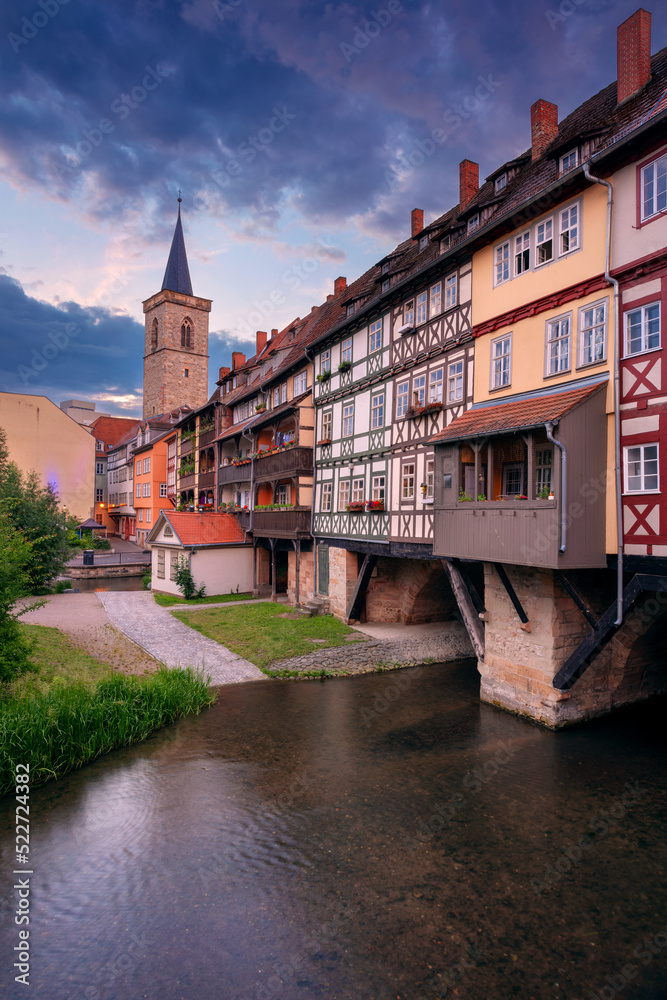 Erfurt, Germany. Cityscape image of downtown Erfurt, Germany with the Merchant's Bridge at summer sunrise.