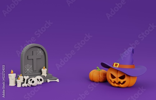Cartoon happy Halloween with jack o pumpkins lantern, gravestone and other halloween decoration on purple background. 3D render illustration