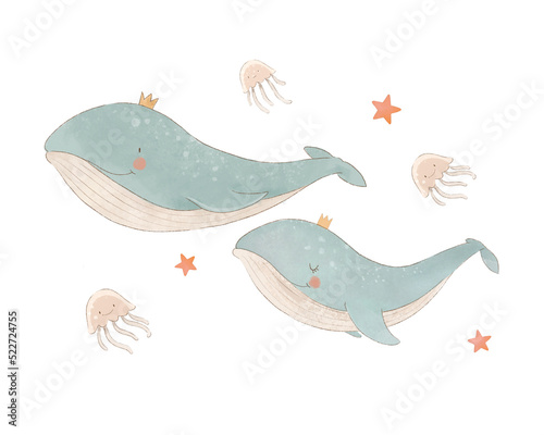 Beautiful baby clip art composition with cute watercolor whales jellyfish and stars. Children stock illustration.