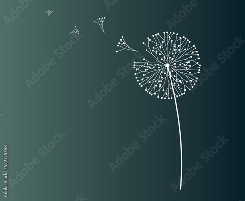 Conceptual illustration of freedom and serenity.Black silhouette with flying dandelion buds .