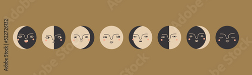 Moon phases. Crescent and full moon with faces. Hand drawn modern Vector illustration. Esoteric, occult, astrology, alchemy, boho, magic concept. Round icons. All elements are isolated