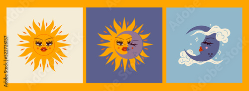 Hand drawn Sun and crescent Moon with faces. Design elements, logo templates, stickers. Trendy Vector isolated illustration. Celestial drawings for the zodiac, tarot, astrology. Day and night concept