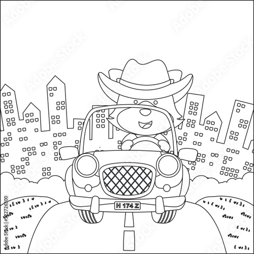 Cute little fox cartoon having fun driving off road car on sunny day. Cartoon isolated vector illustration, Creative vector Childish design for kids activity colouring book or page.