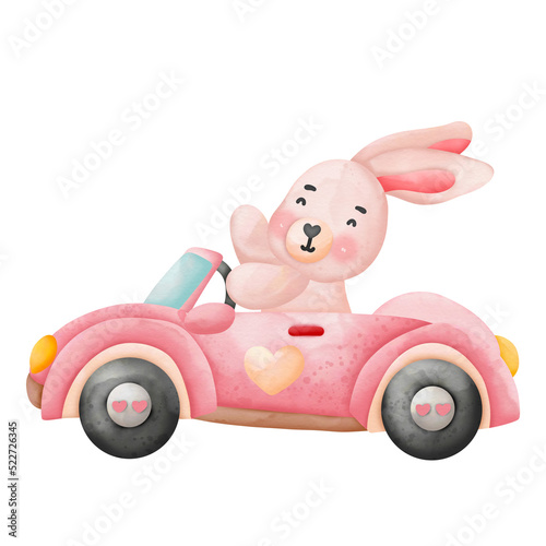 Bunny Rabbit in love with heart on classic car watercolor clipart