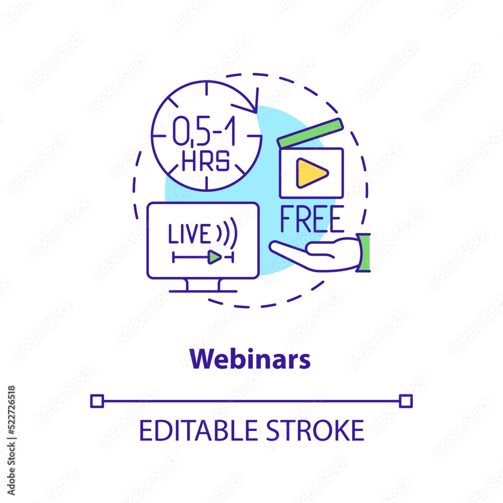 Webinars concept icon. Live lecture. Real time broadcasting. Online tutorials type abstract idea thin line illustration. Isolated outline drawing. Editable stroke. Arial, Myriad Pro-Bold fonts used Webinars concept icon. Live lecture. Real time broadcasting. Online tutorials type abstract idea thin line illustration. Isolated outline drawing. Editable stroke. Arial, Myriad Pro-Bold fonts used