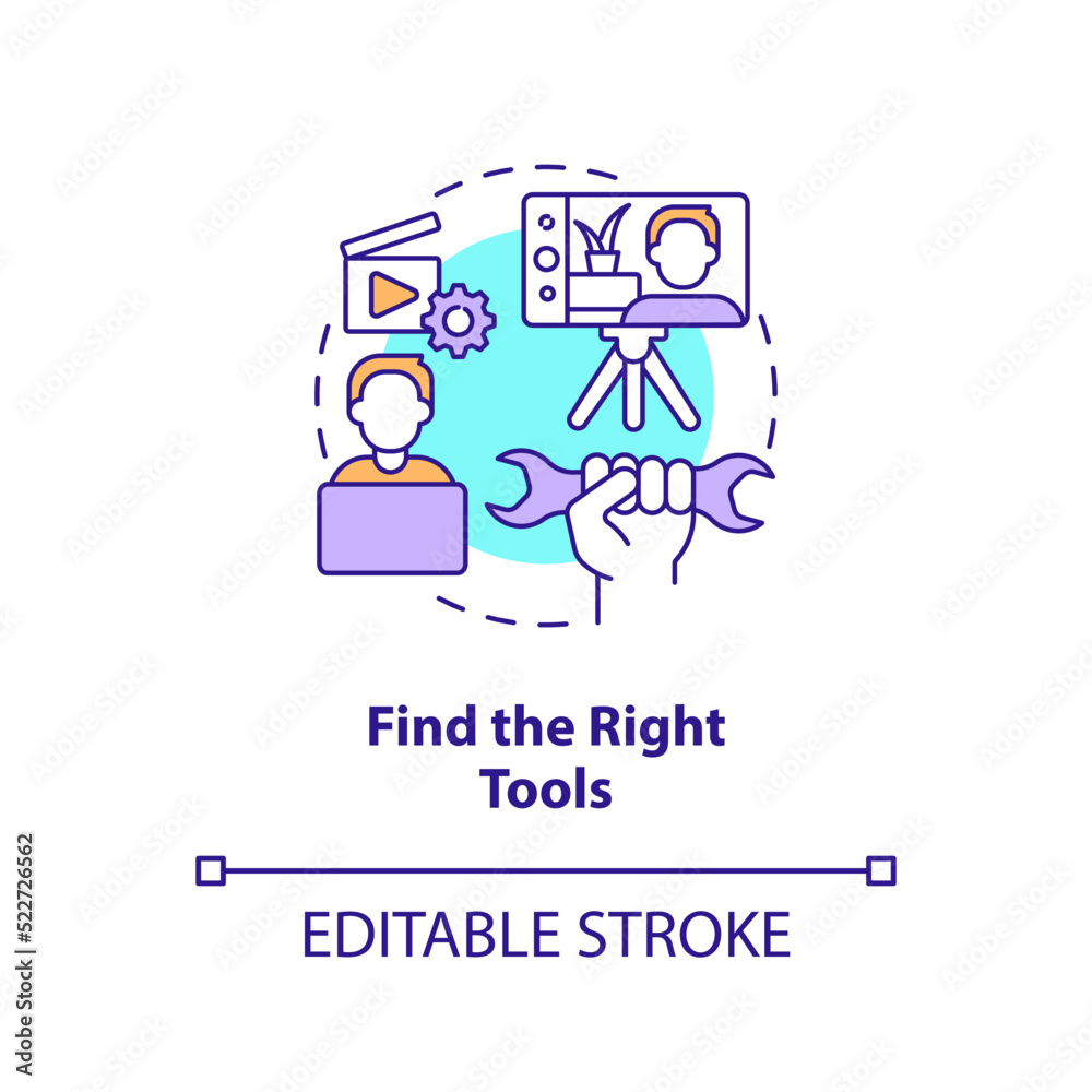 Find right tools concept icon. Interactive videos. Creating educational video abstract idea thin line illustration. Isolated outline drawing. Editable stroke. Arial, Myriad Pro-Bold fonts used