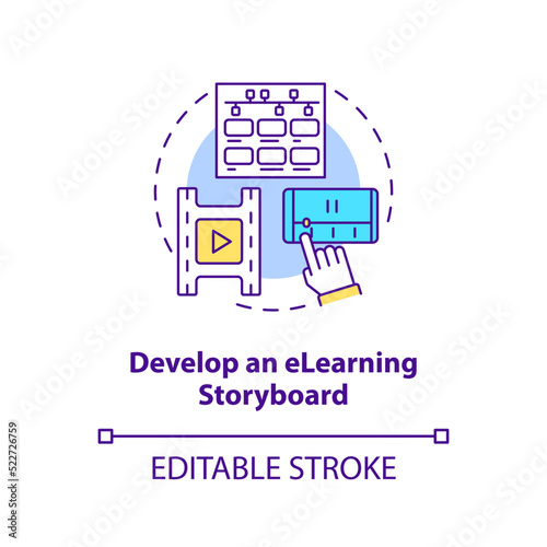 Develop eLearning storyboard concept icon. Sales online training videos abstract idea thin line illustration. Isolated outline drawing. Editable stroke. Arial, Myriad Pro-Bold fonts used