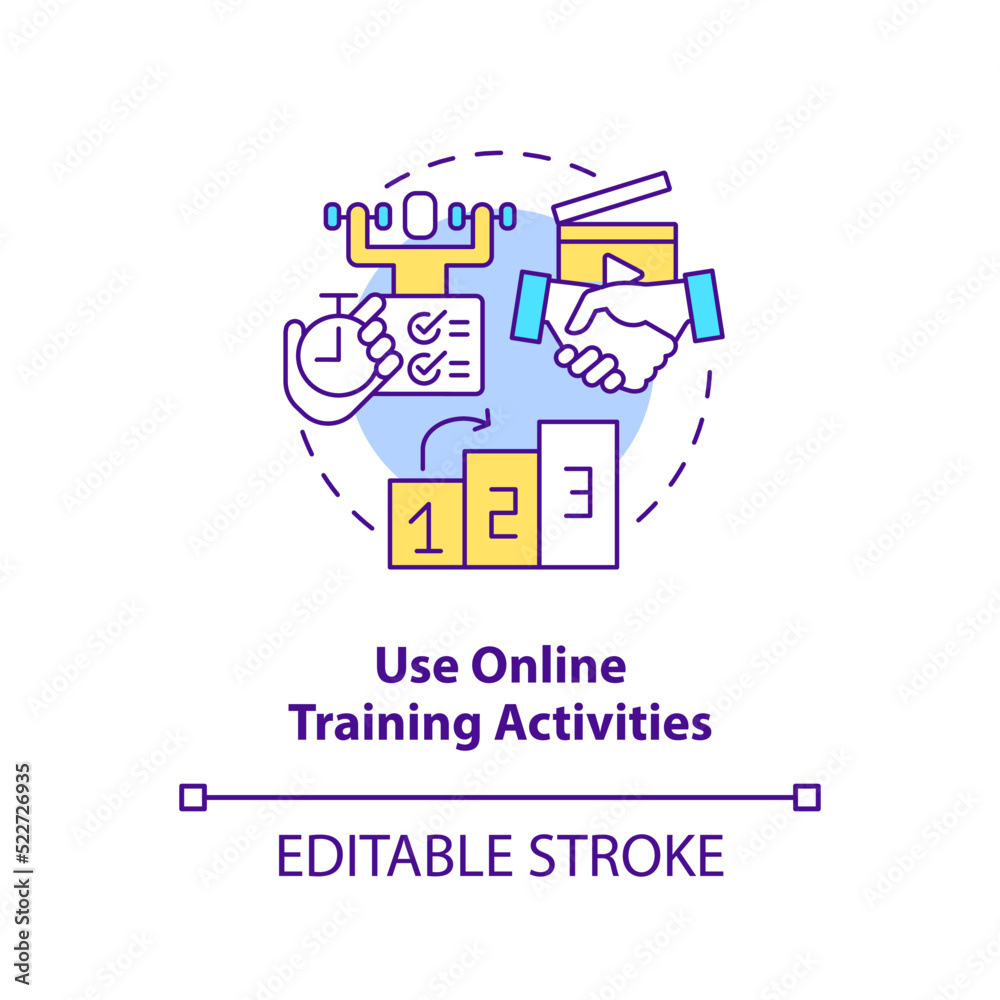 Use online training activities concept icon. Practice. Remote learning via video abstract idea thin line illustration. Isolated outline drawing. Editable stroke. Arial, Myriad Pro-Bold fonts used