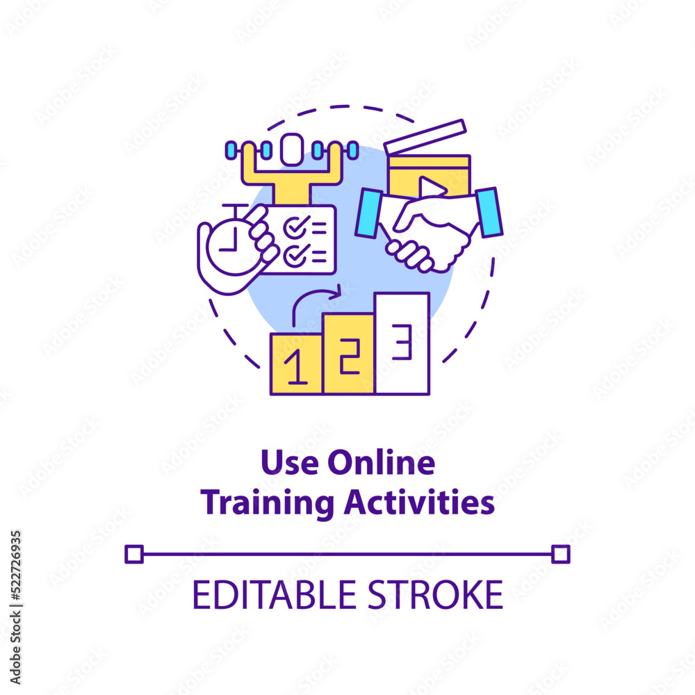 Use online training activities concept icon. Practice. Remote learning via video abstract idea thin line illustration. Isolated outline drawing. Editable stroke. Arial, Myriad Pro-Bold fonts used Use online training activities concept icon. Practice. Remote learning via video abstract idea thin line illustration. Isolated outline drawing. Editable stroke. Arial, Myriad Pro-Bold fonts used