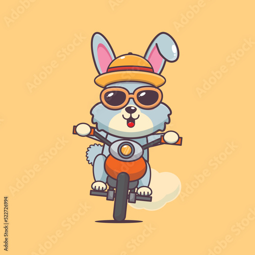 Cool rabbit cartoon mascot character in sunglasses ride motocycle in summer day
