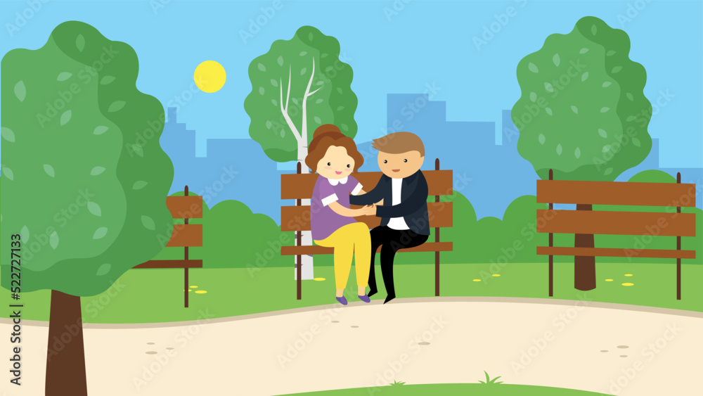 Loving couple sitting on a bench in the park