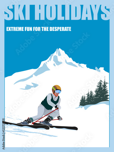 Poster. Advanced woman skiers slides near the mountain downhill. Cross-country skiers. Sports descent on skis from the mountain. Vector illustration. photo