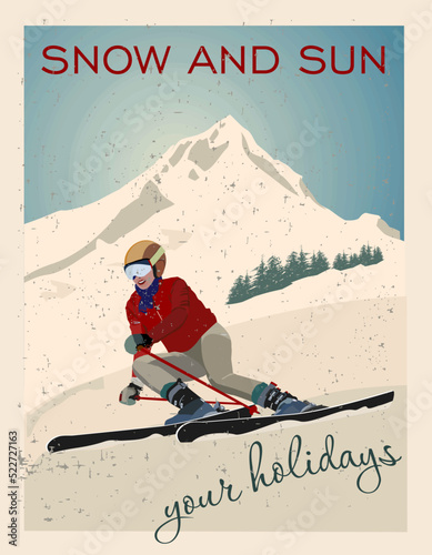 Poster. Advanced woman skiers slides near the mountain downhill. Cross-country skiers. Sports descent on skis from the mountain. Vector illustration.
