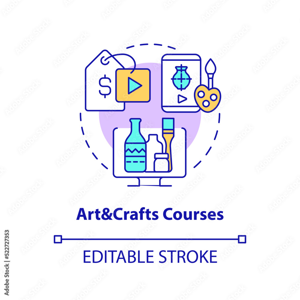 Art and crafts courses concept icon. Virtual workshops. Online education idea abstract idea thin line illustration. Isolated outline drawing. Editable stroke. Arial, Myriad Pro-Bold fonts used