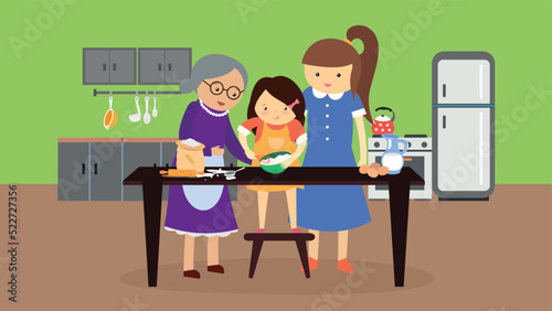 Girl with mom and grandmother cooking in the kitchen