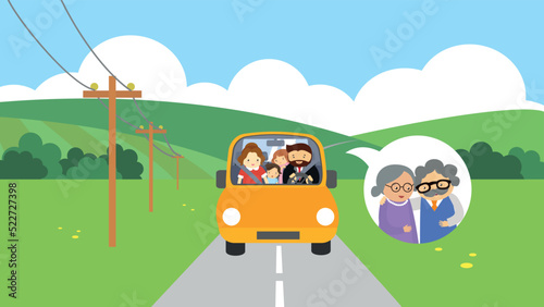 Family rides in a car to visit grandparents