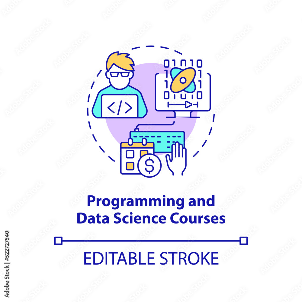 Programming and data science courses concept icon. Online education idea abstract idea thin line illustration. Isolated outline drawing. Editable stroke. Arial, Myriad Pro-Bold fonts used Programming and data science courses concept icon. Online education idea abstract idea thin line illustration. Isolated outline drawing. Editable stroke. Arial, Myriad Pro-Bold fonts used