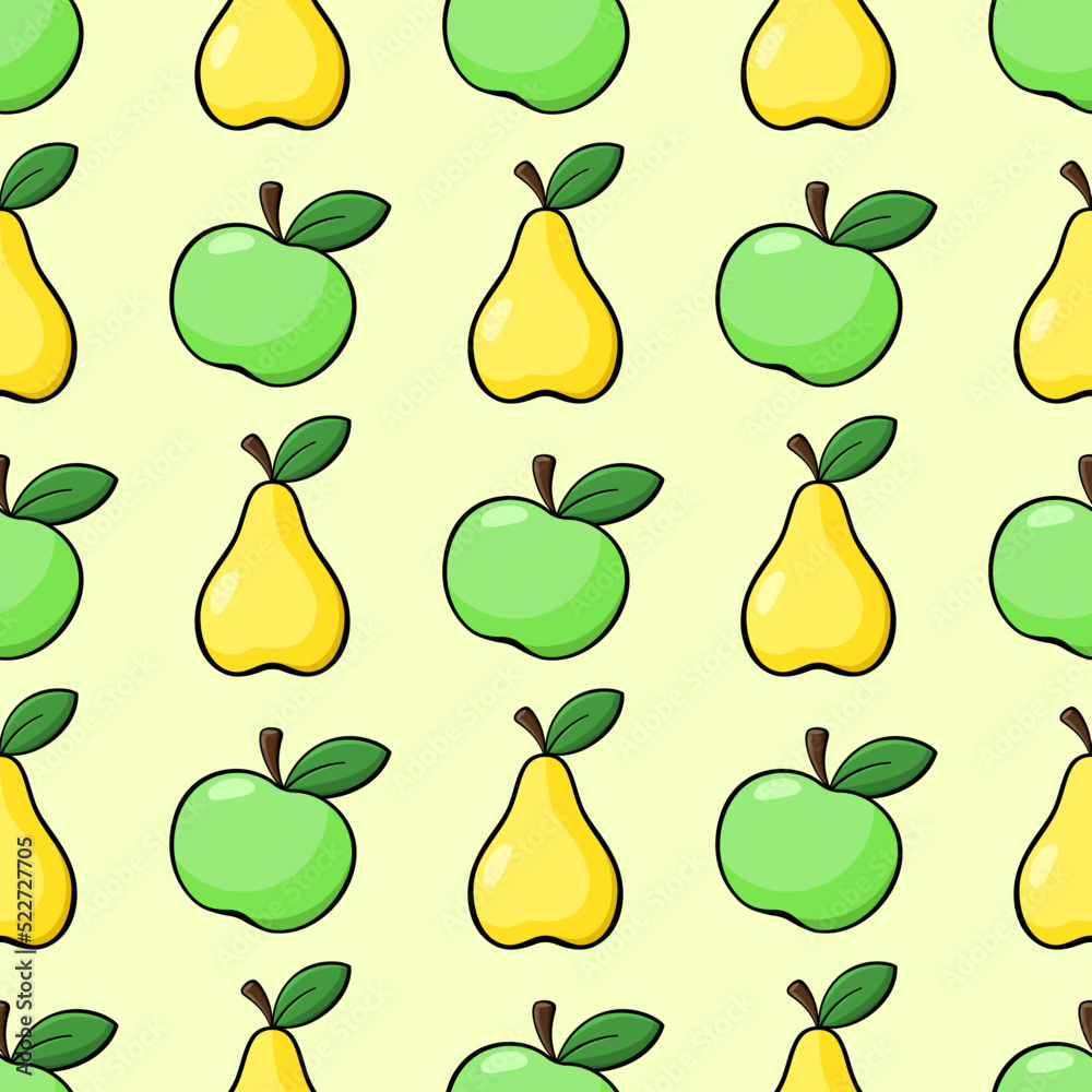 Apples and pears vector seamless pattern. Green and yellow vector elements on pale background. Best for textile, wallpapers, home decoration, wrapping paper, package and web design. Apples and pears vector seamless pattern. Green and yellow vector elements on pale background. Best for textile, wallpapers, home decoration, wrapping paper, package and web design.