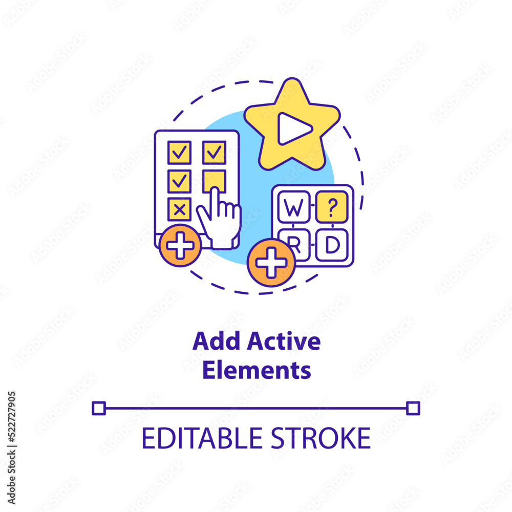 Add active elements concept icon. Interactive assignment. E Learning video tip abstract idea thin line illustration. Isolated outline drawing. Editable stroke. Arial, Myriad Pro-Bold fonts used