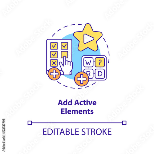 Fototapeta Naklejka Na Ścianę i Meble -  Add active elements concept icon. Interactive assignment. E Learning video tip abstract idea thin line illustration. Isolated outline drawing. Editable stroke. Arial, Myriad Pro-Bold fonts used