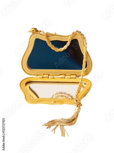 Gold double-pocket pocket mirror decorated with a chain on a white background