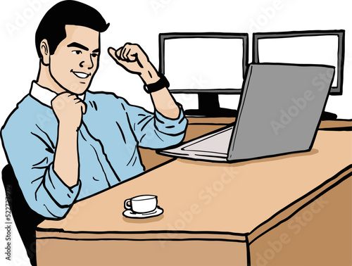 Cartoon office boy rejoices when trading stocks for more profits
