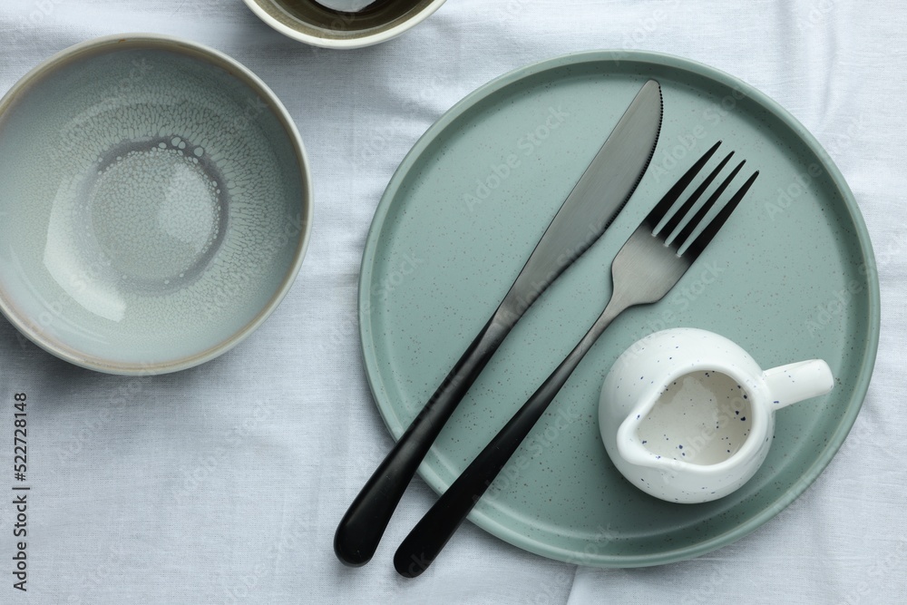 Stylish empty dishware and cutlery on table, flat lay - obrazy, fototapety, plakaty 
