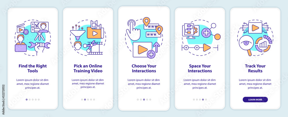 Creating educational video onboarding mobile app screen. Walkthrough 5 steps editable graphic instructions with linear concepts. UI, UX, GUI template. Myriad Pro-Bold, Regular fonts used