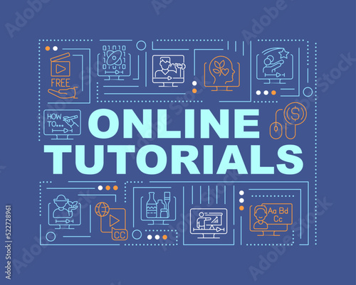 Online tutorials word concepts dark blue banner. Elearning. Infographics with editable icons on color background. Isolated typography. Vector illustration with text. Arial-Black font used