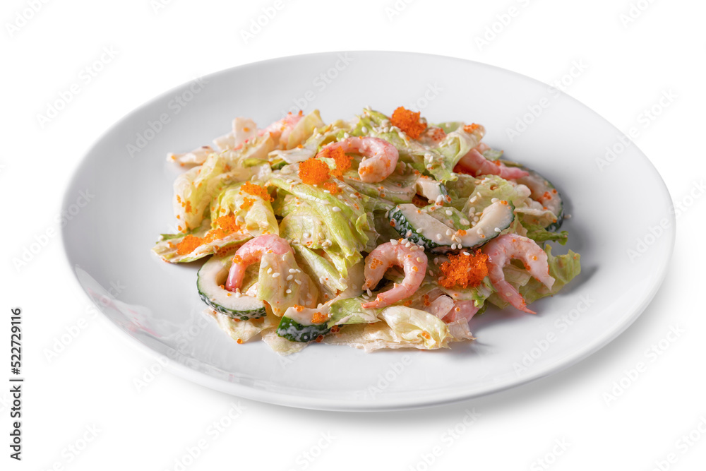 Salad with shrimps, cucumbers, tobiko caviar, salad and sauce Salad with shrimps, cucumbers, tobiko caviar, salad and sauce