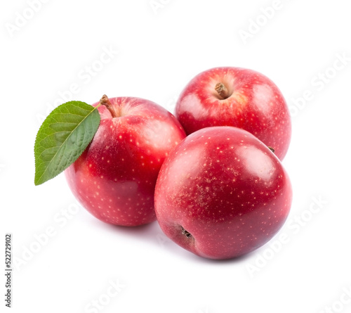 Sweet apples with leaves on white backgrounds.