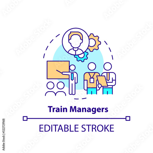 Train managers concept icon. Professional skills. Step to transformation abstract idea thin line illustration. Isolated outline drawing. Editable stroke. Arial, Myriad Pro-Bold fonts used