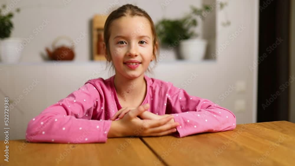 Emotional school girl vlogger speaking by video call blog talking to webcam at home, recording vlog kid using internet online video web application Emotional school girl vlogger speaking by video call blog talking to webcam at home, recording vlog kid using internet online video web application