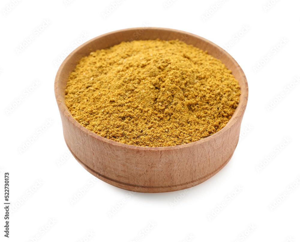 Aromatic turmeric powder in wooden bowl on white background Aromatic turmeric powder in wooden bowl on white background