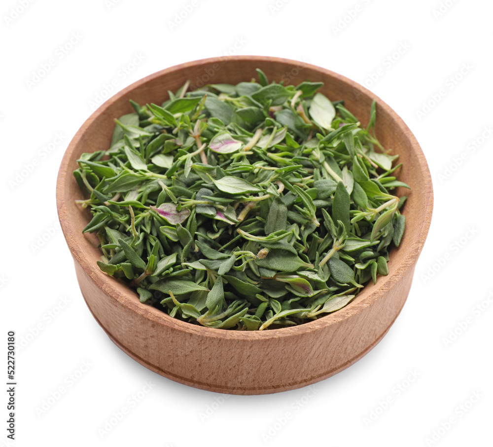 Wooden bowl of fresh green thyme leaves on white background Wooden bowl of fresh green thyme leaves on white background
