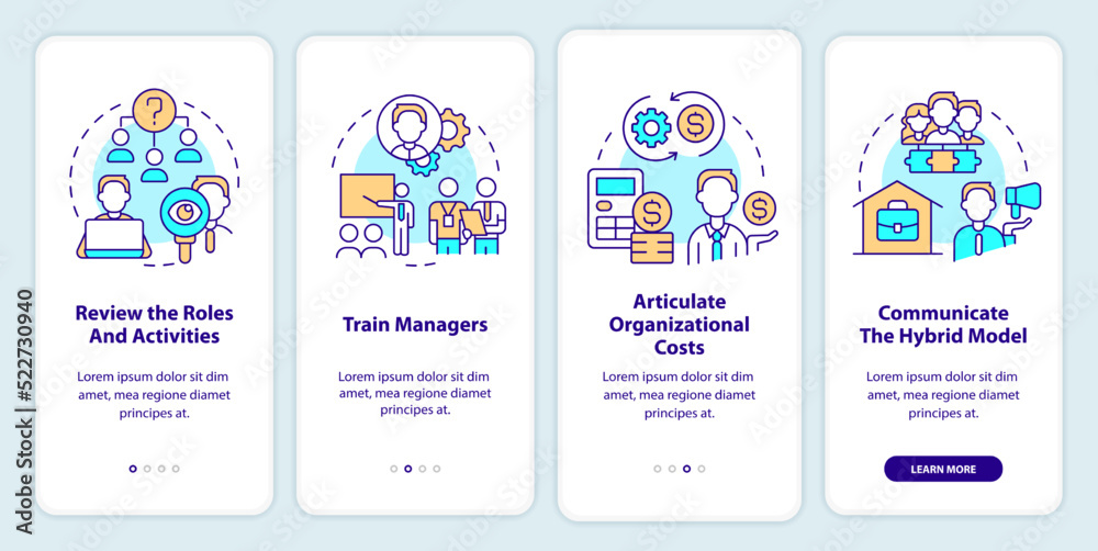 Steps to transformation onboarding mobile app screen. Remote work walkthrough 4 steps editable graphic instructions with linear concepts. UI, UX, GUI template. Myriad Pro-Bold, Regular fonts used