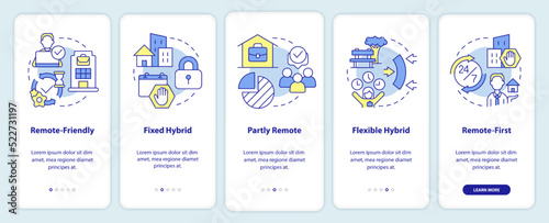 Hybrid work models onboarding mobile app screen. Workplace walkthrough 5 steps editable graphic instructions with linear concepts. UI, UX, GUI template. Myriad Pro-Bold, Regular fonts used © bsd studio
