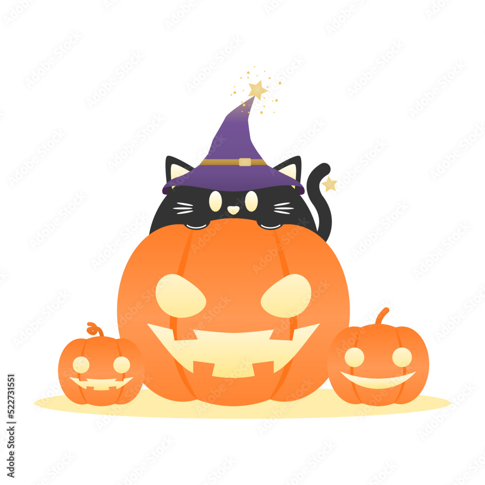 Orange devil pumpkin smile lantern with black cute cat wearing purple witch hat star on white background Halloween cartoon character vector design.