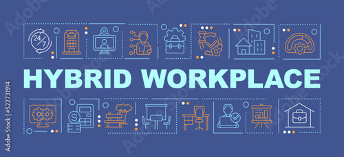 Hybrid workplace word concepts dark blue banner. Corporate culture. Infographics with editable icons on color background. Isolated typography. Vector illustration with text. Arial-Black font used photo