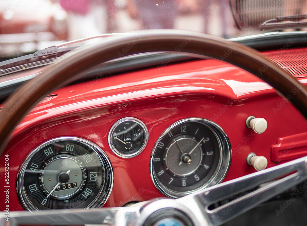 Dashboard and steering wheel of old-timer car Dashboard and steering wheel of old-timer car