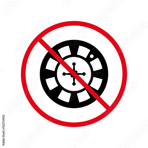 Casino Wheel Black Ban Silhouette Icon. No Allowed Gambling Sign. Restriction Betting. Forbid Casino Roulette Pictogram. Prohibit Play Gamble Game Red Stop Circle Symbol. Isolated Vector Illustration